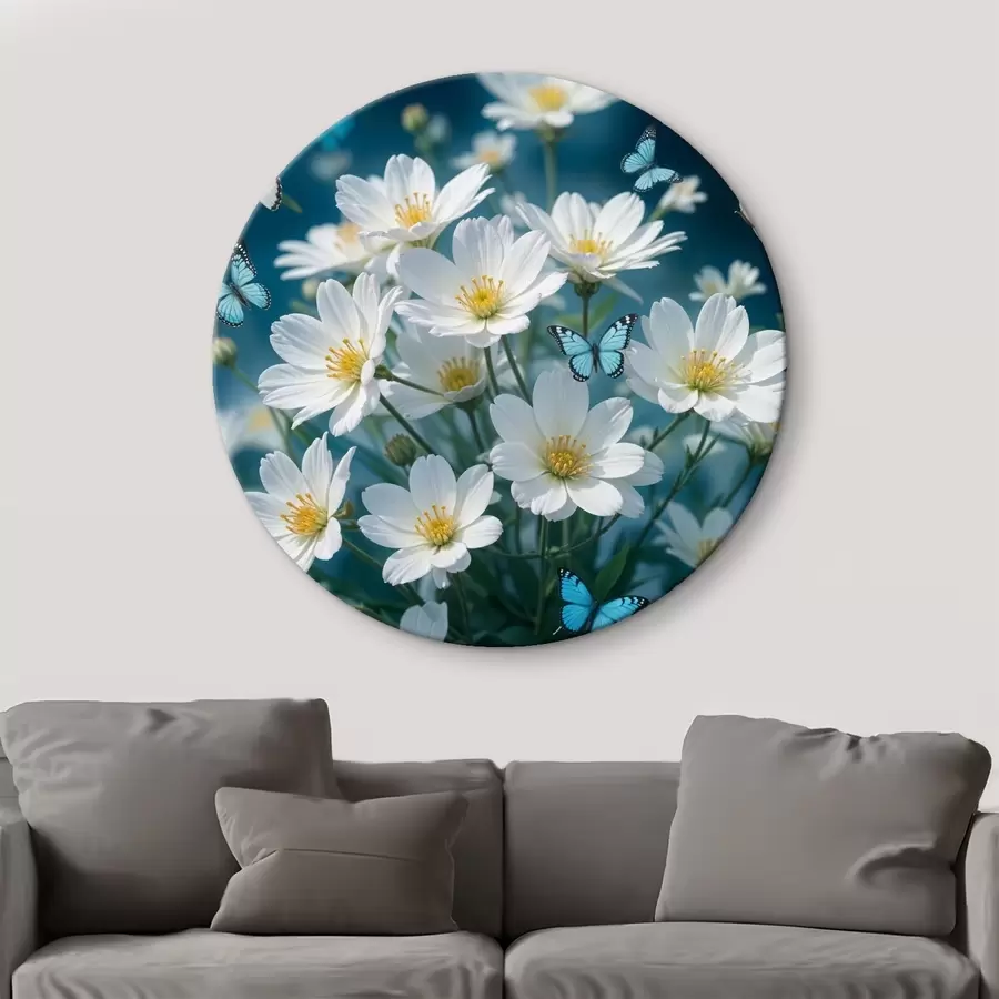  Peintures Un champ de fleurs de marguerites blanches avec des papillons bleus voletant entre elles sur un fond bleu flou r41096