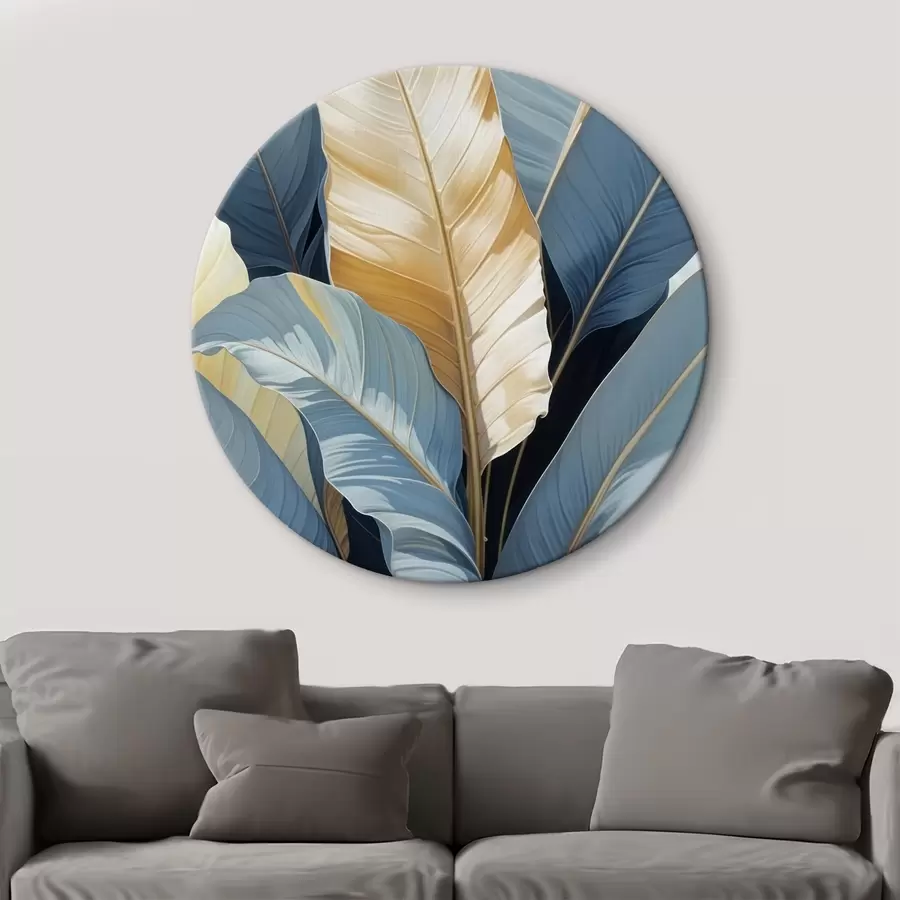  Schilderijen Tropische bladeren met blauwe en gele tinten, grote palm- of bananenbladeren met een weelderige natuurlijke achtergrond r41097