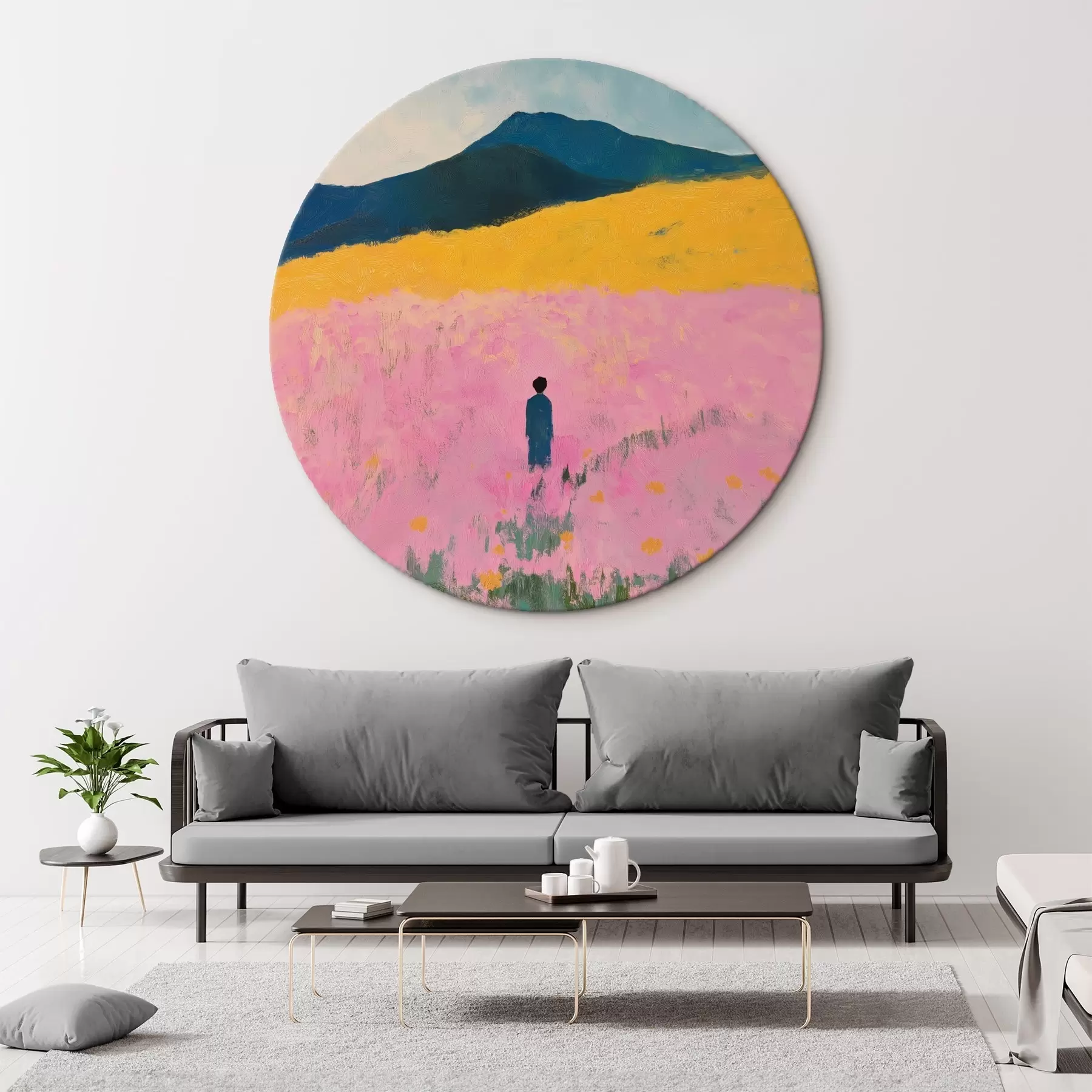  Schilderijen Man in een veld met roze bloemen r41164