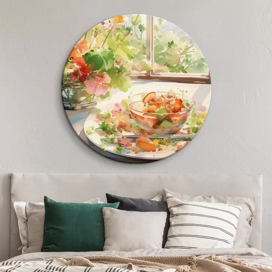  Schilderijen Aquarel groene salade, zonlicht in het raam, rustieke stijl r41167