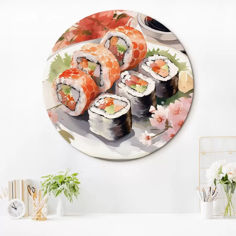  Schilderijen Sushi op een bord, aquarel, bloemig, Japans r41179