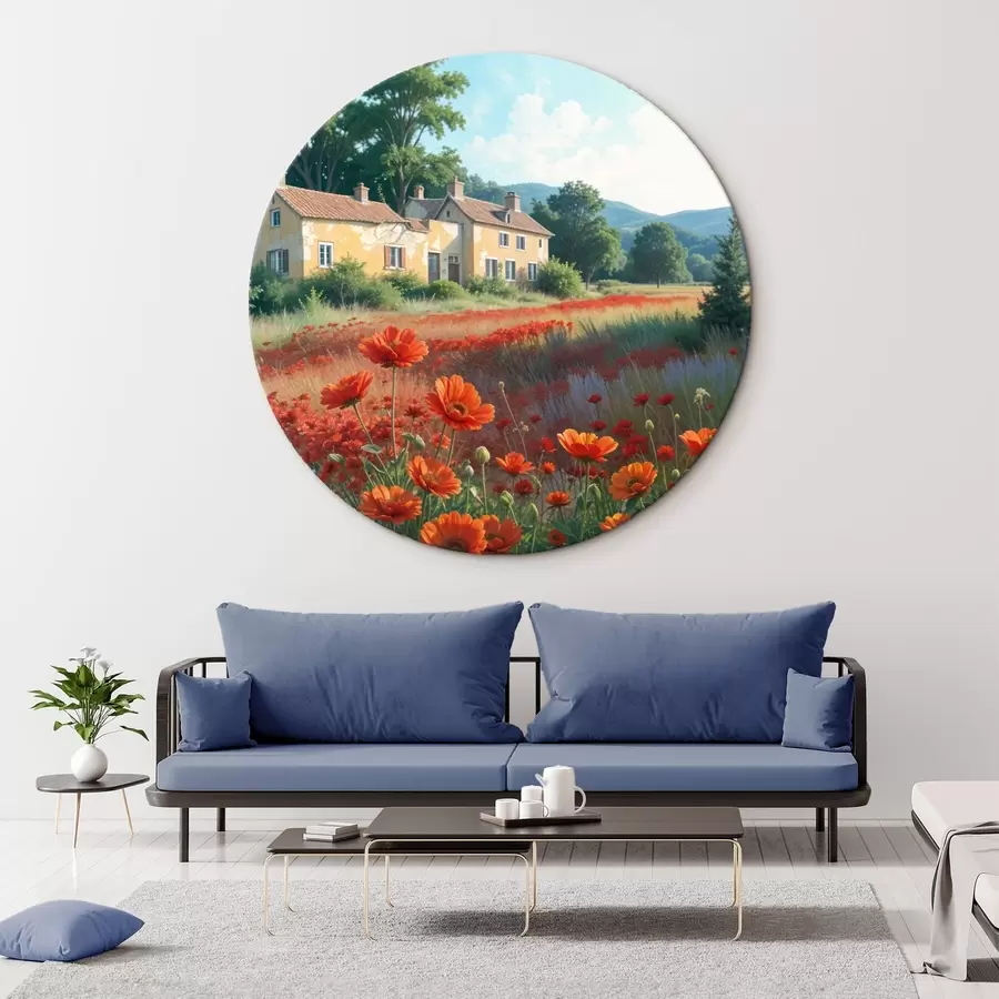  Peintures Un champ de coquelicots d'un rouge éclatant au premier plan, avec une rangée de charmantes maisons jaunes et blanches à l'arrière-plan r41260