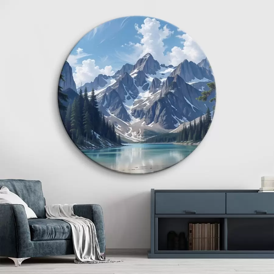  Schilderijen Een rustig alpenmeer omringd door majestueuze besneeuwde bergen, met een dicht bos en een bewolkte lucht r41264