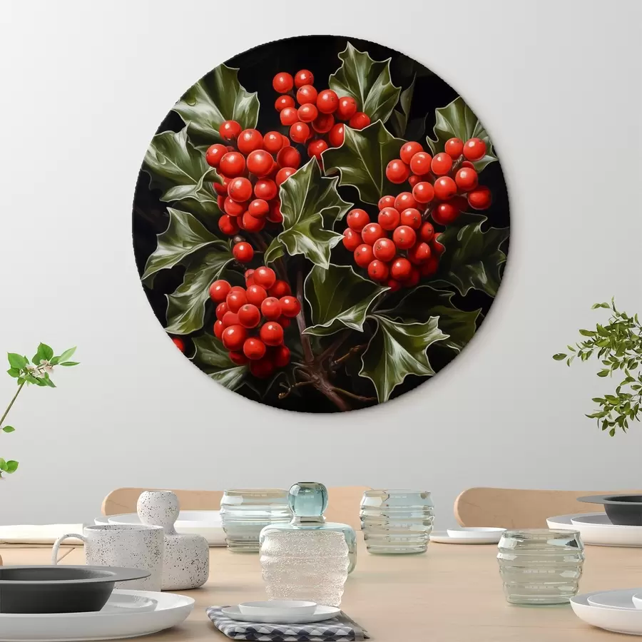  Schilderijen Hulstbessen en bladeren op een donkere achtergrond r41273