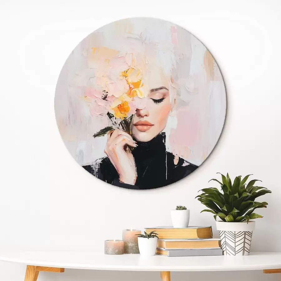  Schilderijen Abstracte vrouw met een boeket bloemen in haar handen met penseelstreken r41355