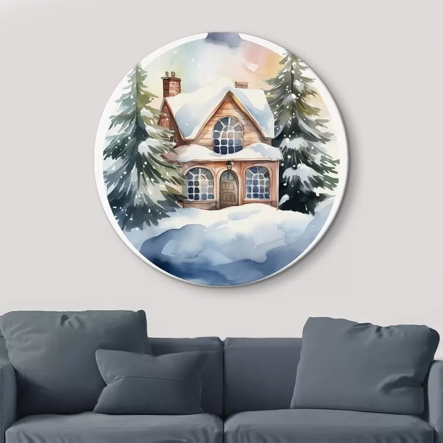  Schilderijen Decoratieve kerstbal met een aquarel sneeuwhuisje en dennenbomen r41363