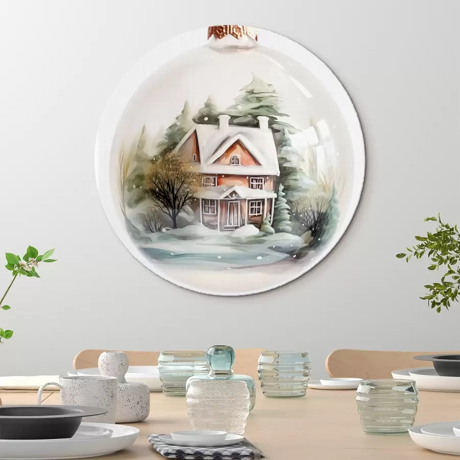  Schilderijen Kristallen bol met aquarel huis en bomen in de sneeuw r41365