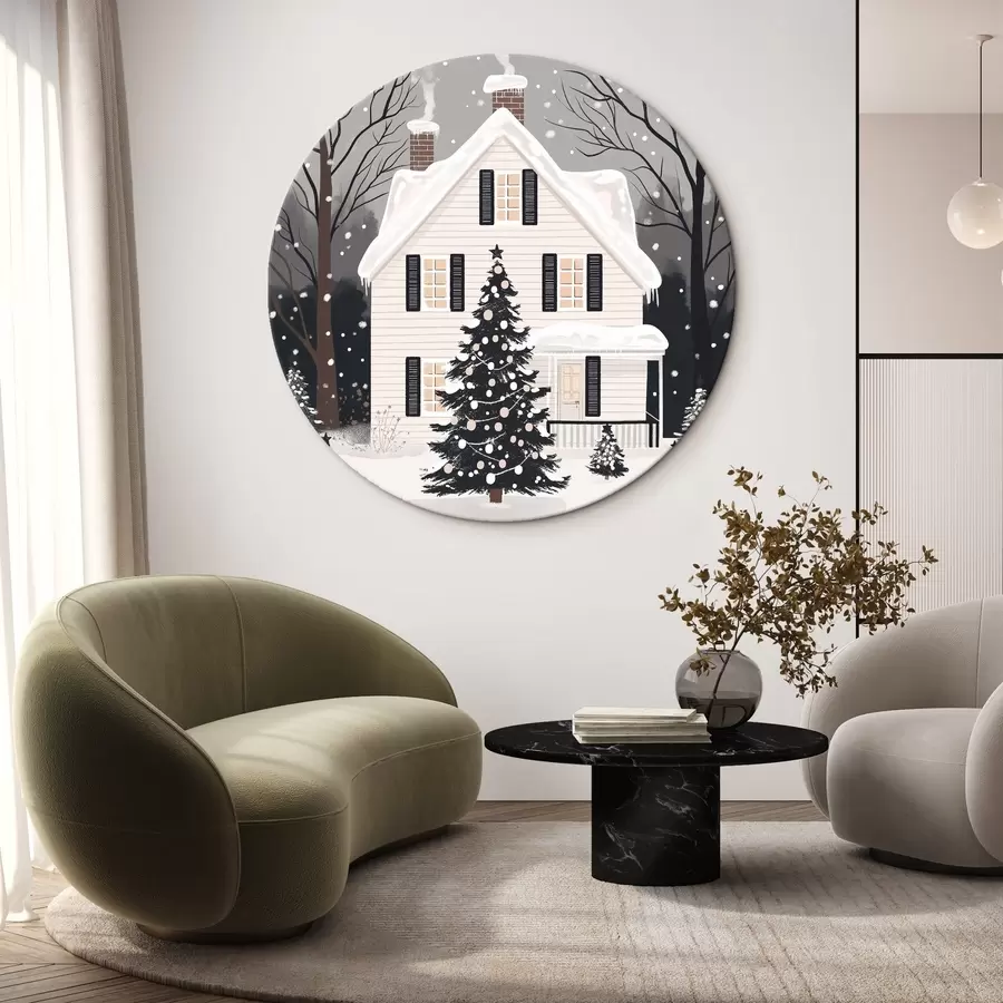  Schilderijen Winterstad, versierde dennenboom, Kerstmis, bos, mooi huis r41371