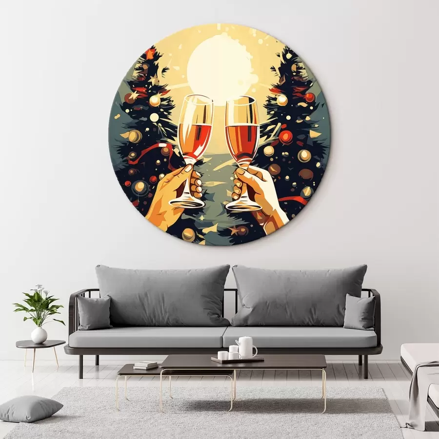  Schilderijen Glazen met champagne, kerstmis, nieuwjaar, abstractie, popart, dennenbomen r41374