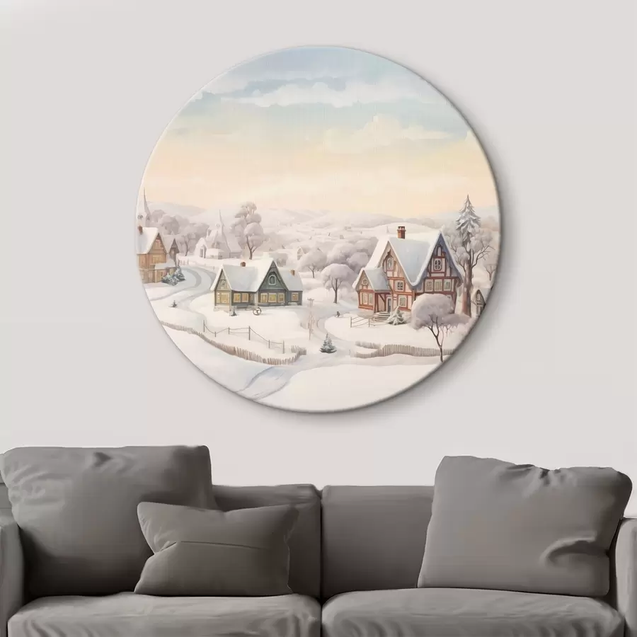  Schilderijen Prachtig winterlandschap met dorp, bomen, huizen, aquarel r41379