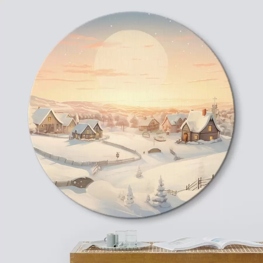  Schilderijen Winterdorp bij zonsondergang, huizen bedekt met sneeuw, dennenbomen r41380