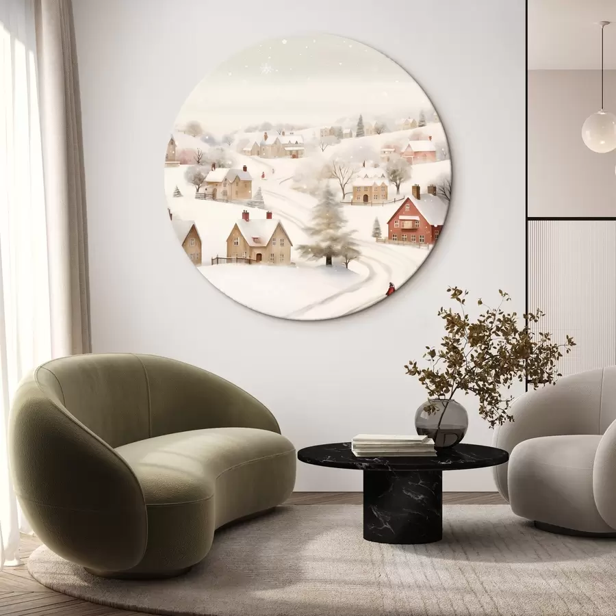  Schilderijen Winterdorp, aquarel, sneeuwvlokken, zachte kleuren, bomen, landschap r41381