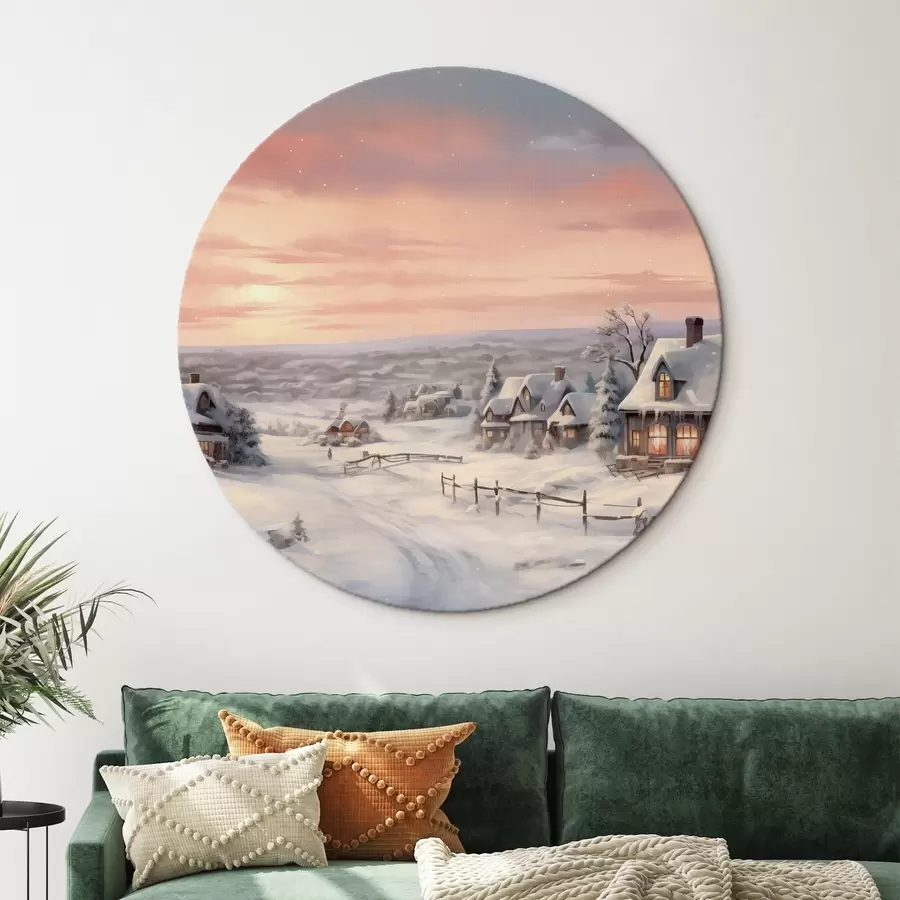  Schilderijen Zonsondergang in het winterdorp, rustiek, aquarel, sneeuwvlokken r41386