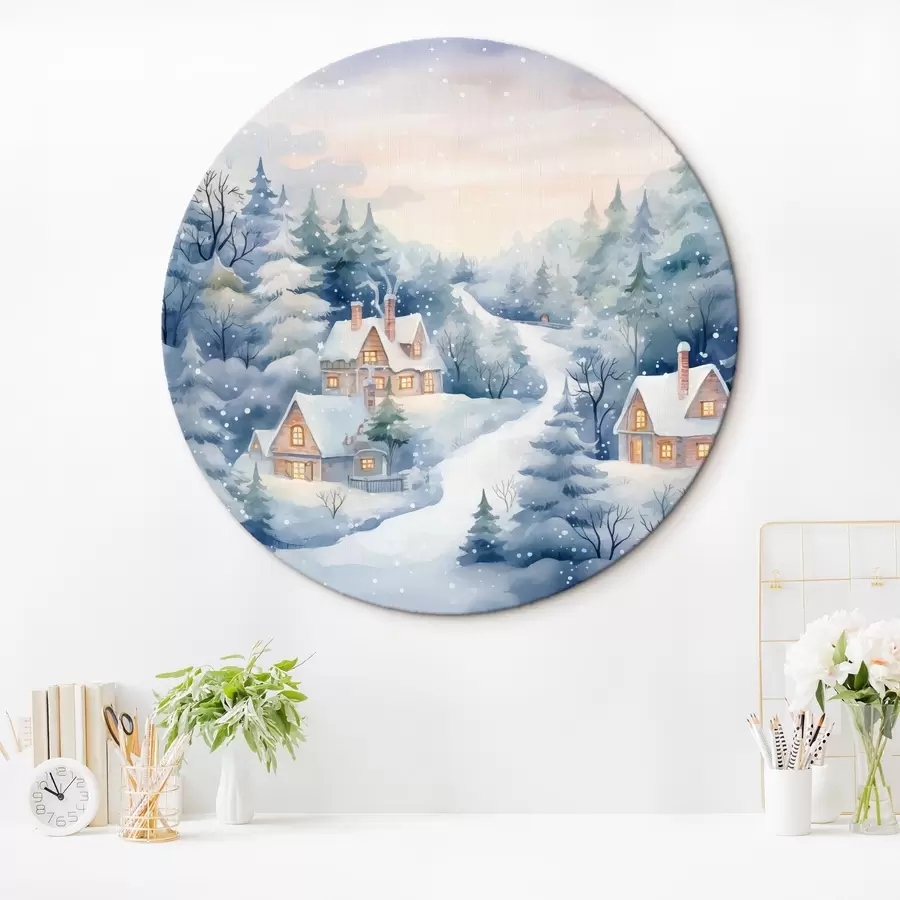  Schilderijen Aquarel winterlandschap, dennenbos, huizen r41387