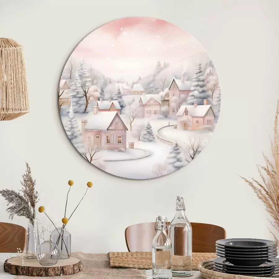  Schilderijen Aquarel winterdorp, dennenbos, huizen, bergen, zachte pastelkleuren r41388