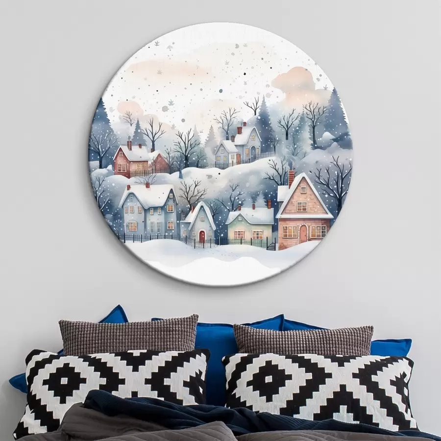  Schilderijen Aquarel winterlandschap met huizen en dennenbos r41389