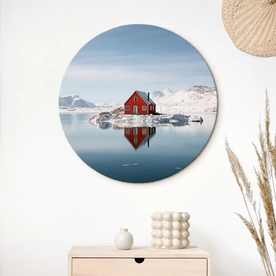  Schilderijen Minimalistisch winterlandschap rood huis aan het meer r41437