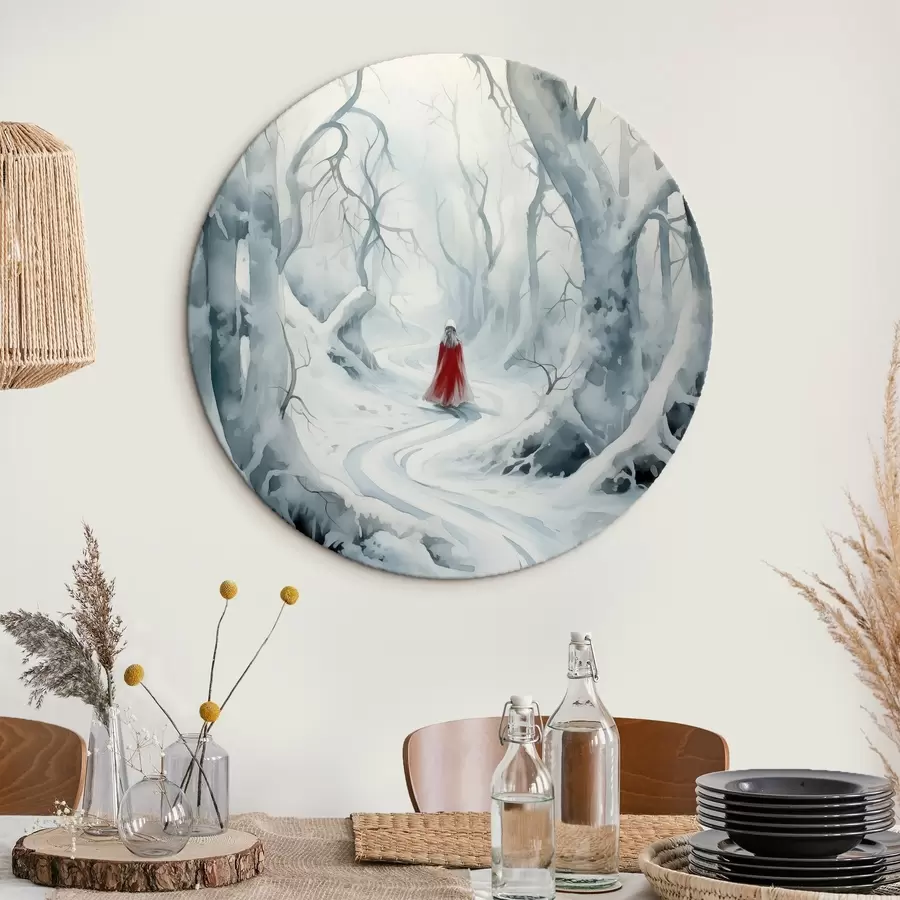  Schilderijen Een man in een rode jas midden in een winters bos r41438