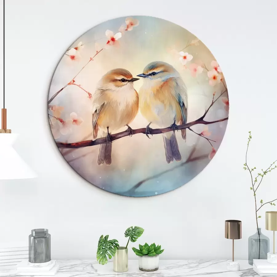  Schilderijen Een vogelpaar zit op een bloeiende tak r41476