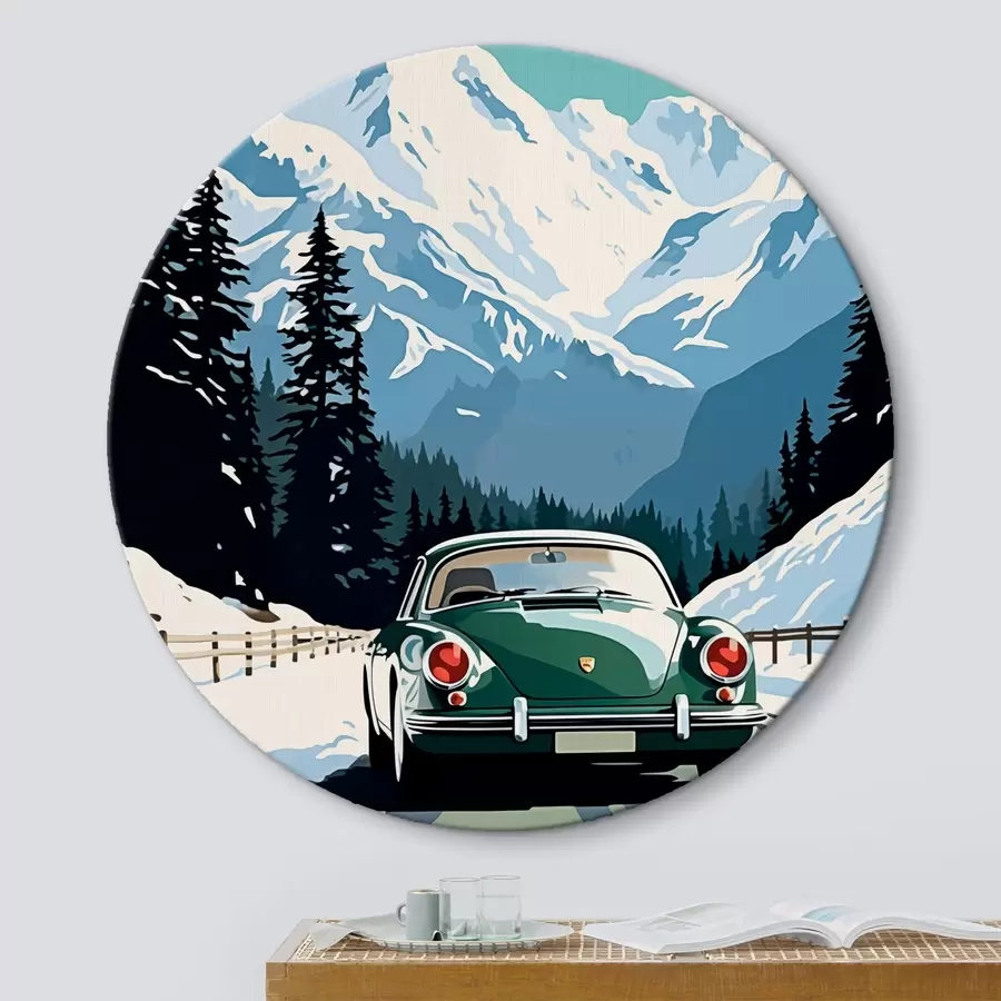 Papier peint photo Voiture rétro sur une route de montagne en hiver r41478