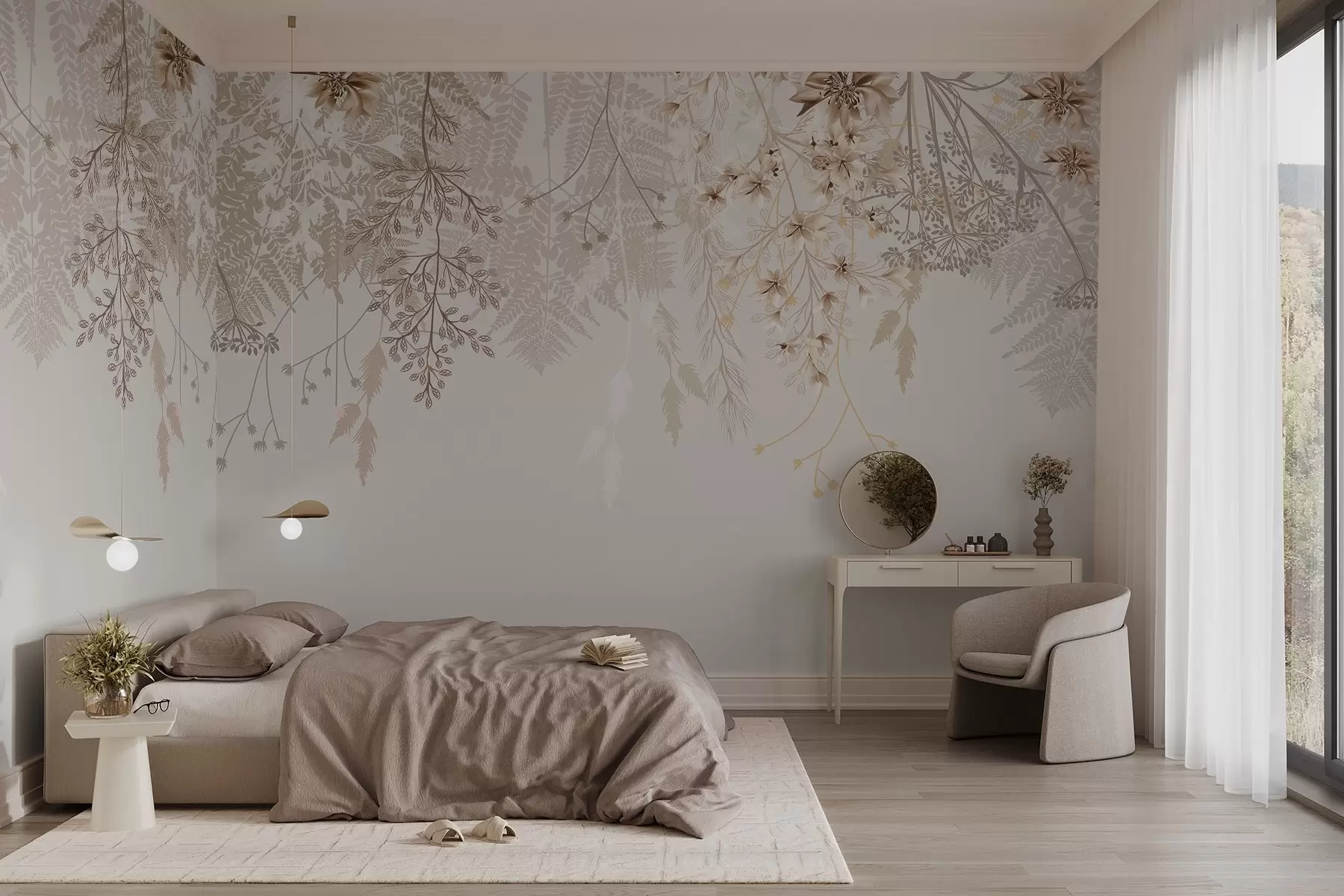 Fotobehang Delicate bloesemtakken en gras met witte, grijze en beige bloemen op een lichte achtergrond w08598