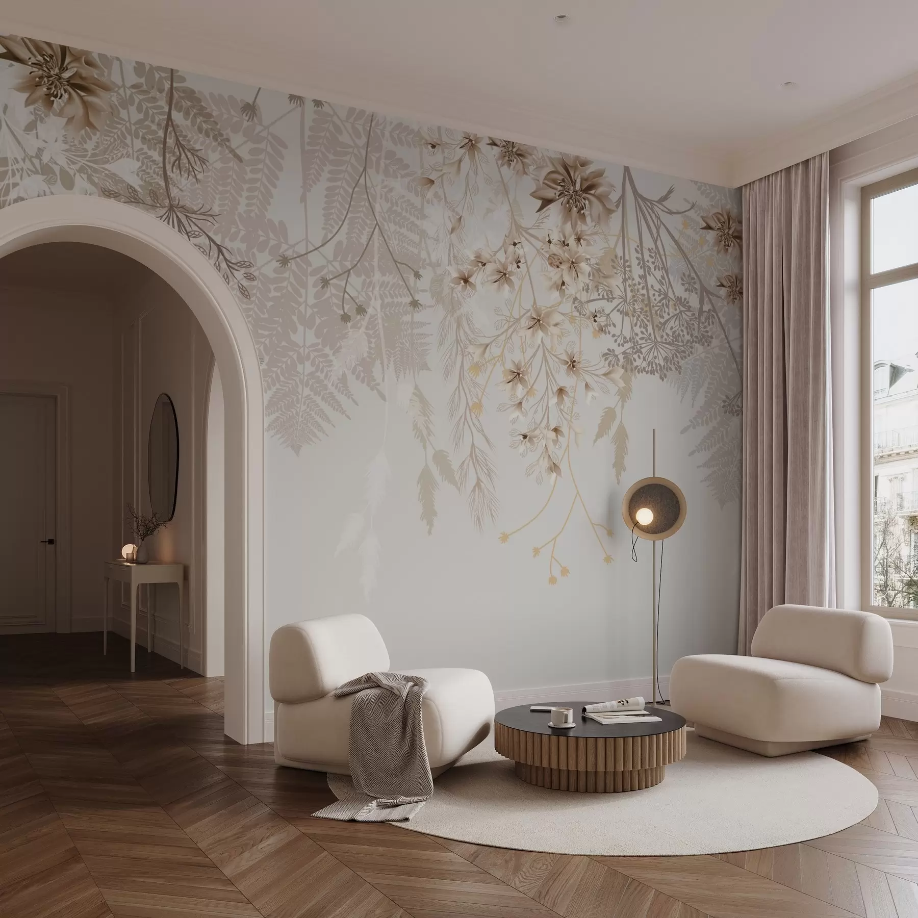 Fotobehang Delicate bloesemtakken en gras met witte, grijze en beige bloemen op een lichte achtergrond w08598