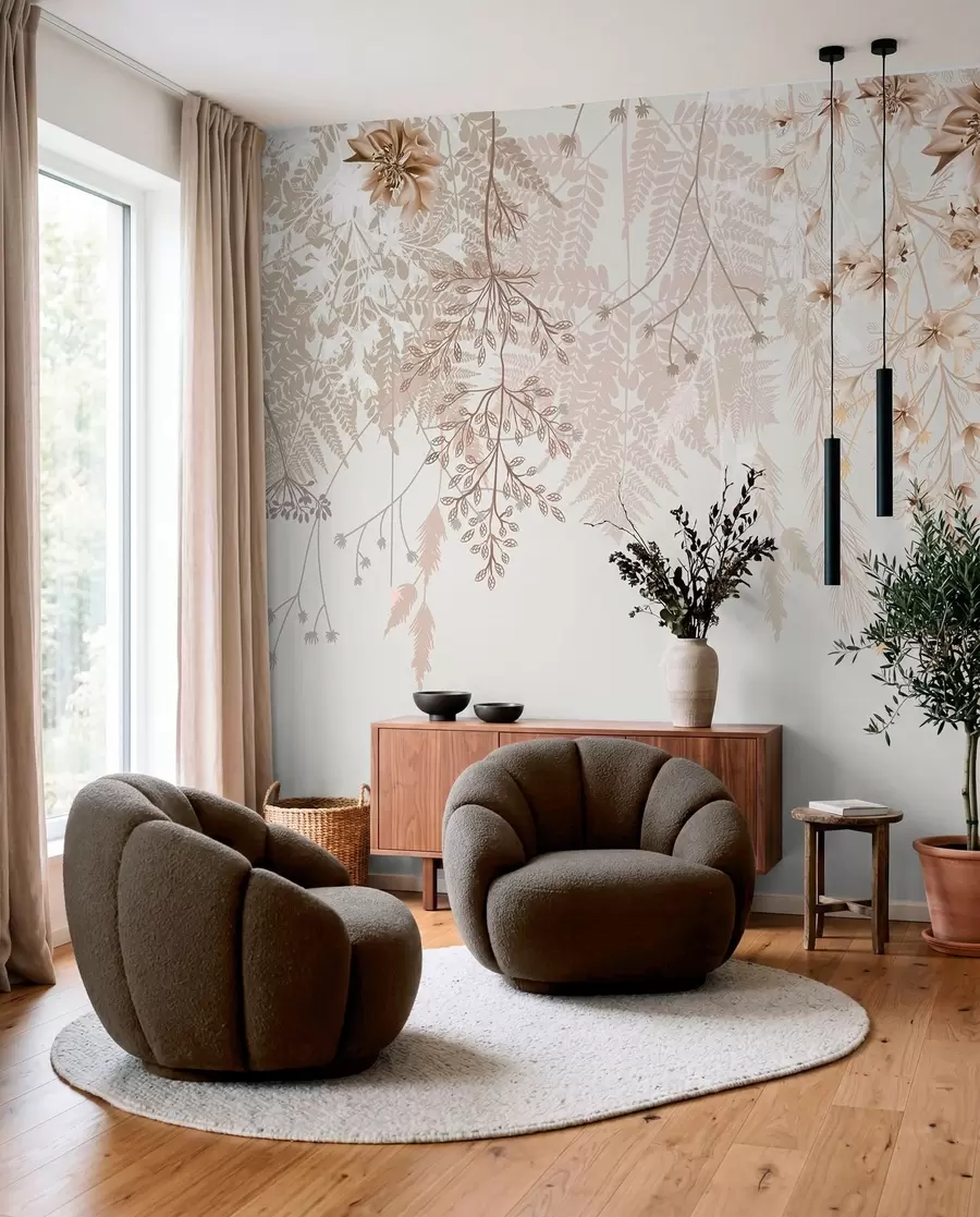 Fotobehang Delicate bloesemtakken en gras met witte, grijze en beige bloemen op een lichte achtergrond w08598