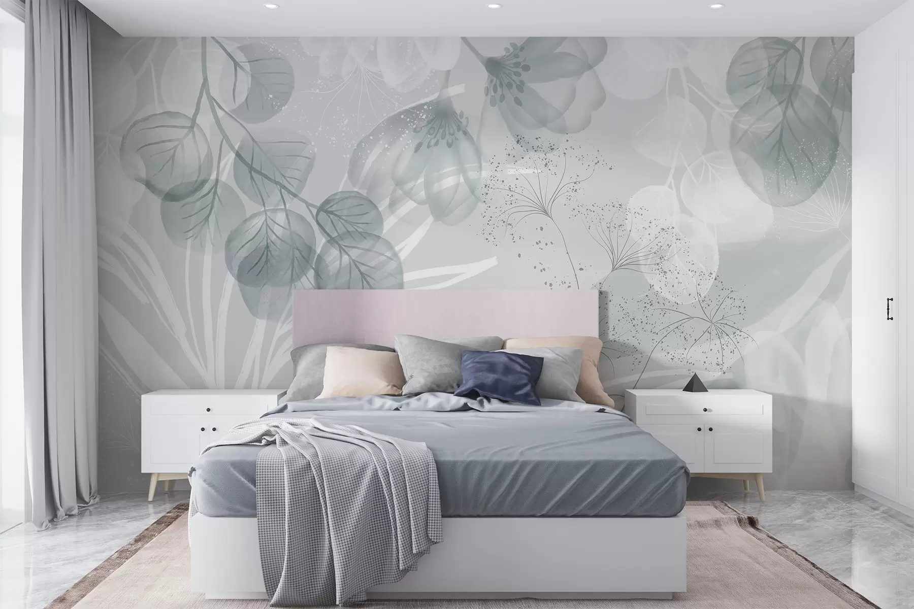 Papier peint photo Éléments floraux d'eucaliptus dans des tons bleus et blancs avec des feuilles et des pétales qui se chevauchent dans un style minimaliste w08599