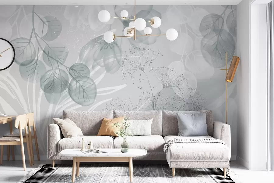 Papier peint photo Éléments floraux d'eucaliptus dans des tons bleus et blancs avec des feuilles et des pétales qui se chevauchent dans un style minimaliste w08599