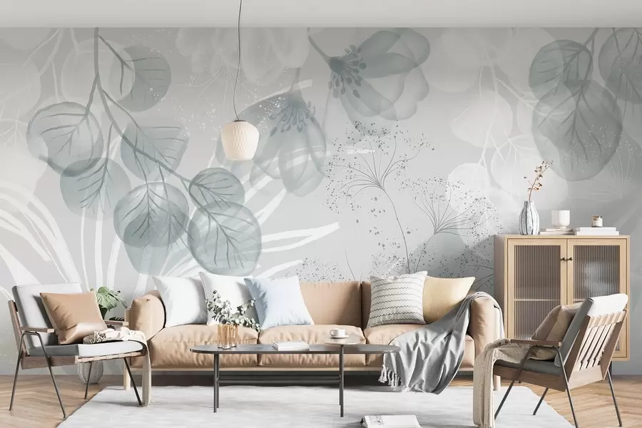 Fotobehang Florale eucaliptuselementen in blauw- en wittinten met overlappende bladeren en bloemblaadjes in een minimalistische stijl w08599