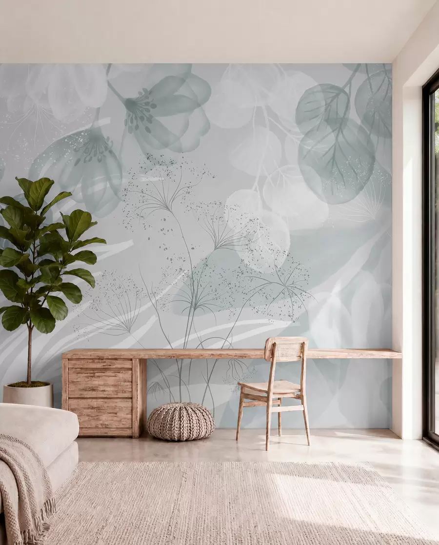 Fotobehang Florale eucaliptuselementen in blauw- en wittinten met overlappende bladeren en bloemblaadjes in een minimalistische stijl w08599