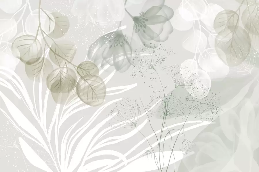 Papier peint photo Éléments floraux d'eucaliptus dans les tons de vert et de blanc avec des feuilles et des pétales qui se chevauchent dans un style minimaliste w08599v1