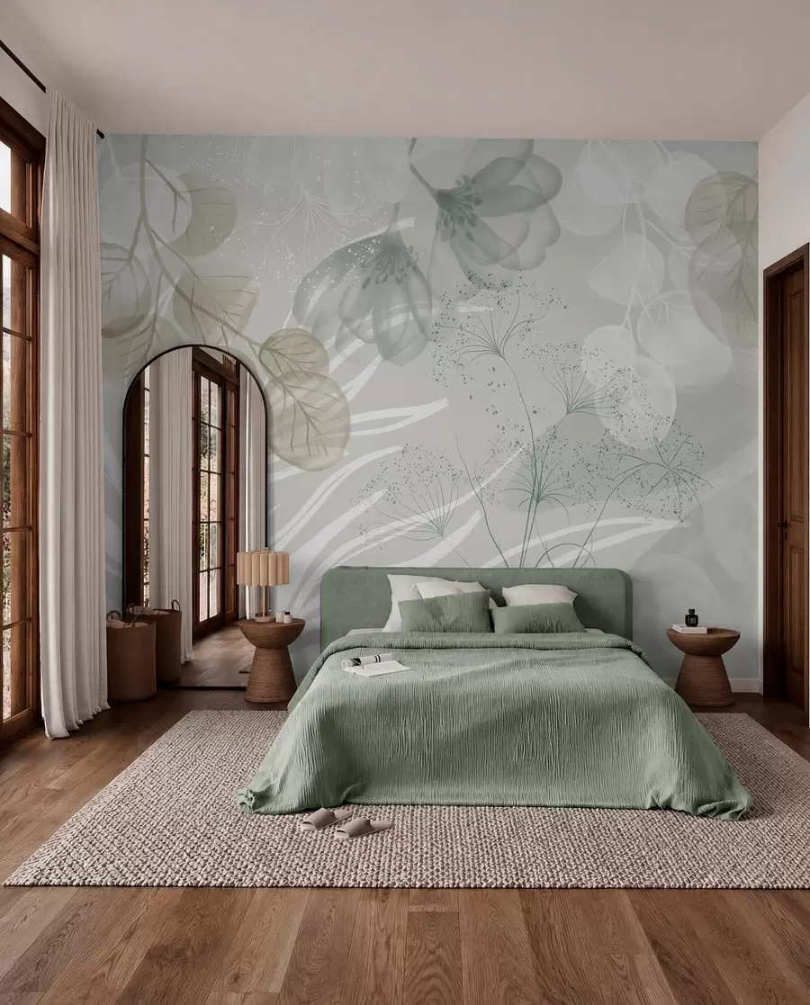 Papier peint photo Éléments floraux d'eucaliptus dans les tons de vert et de blanc avec des feuilles et des pétales qui se chevauchent dans un style minimaliste w08599v1