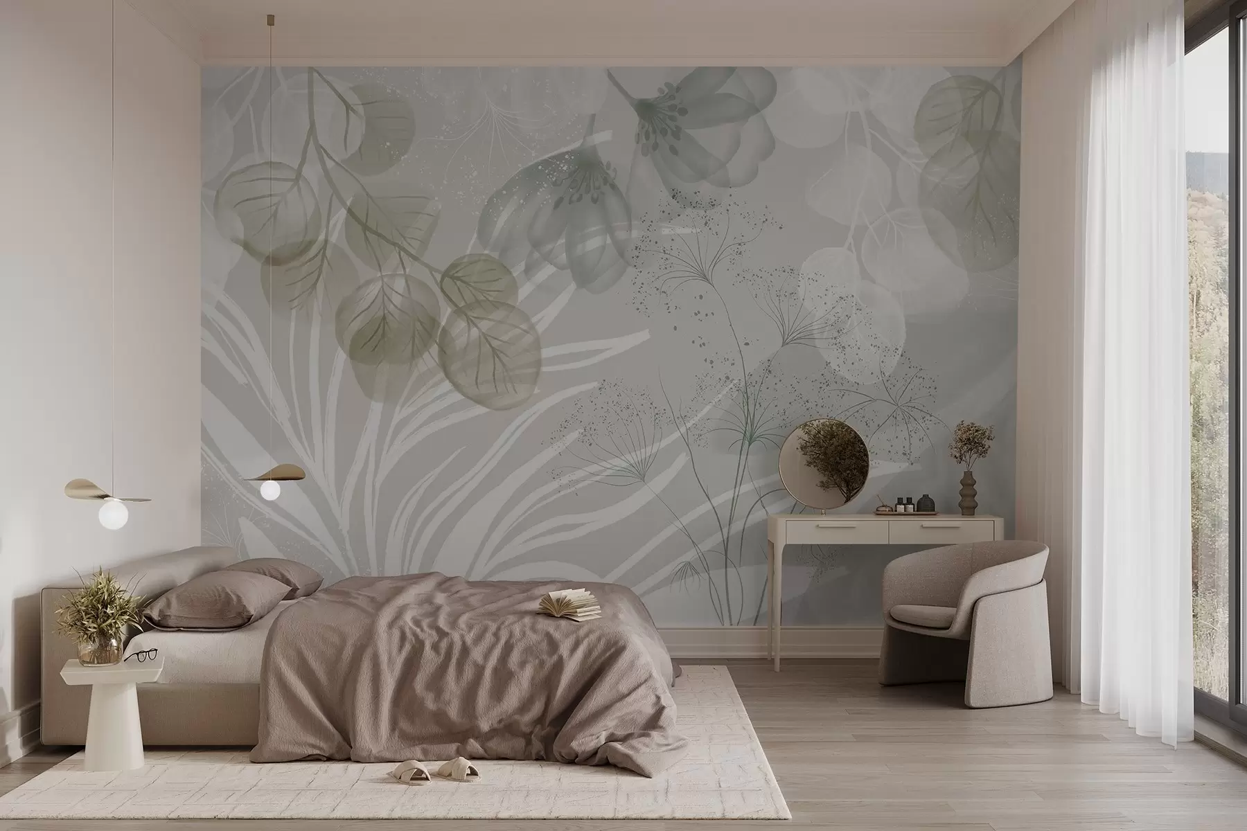 Fotobehang Florale eucaliptuselementen in groene en witte tinten met overlappende bladeren en bloemblaadjes in een minimalistische stijl w08599v1