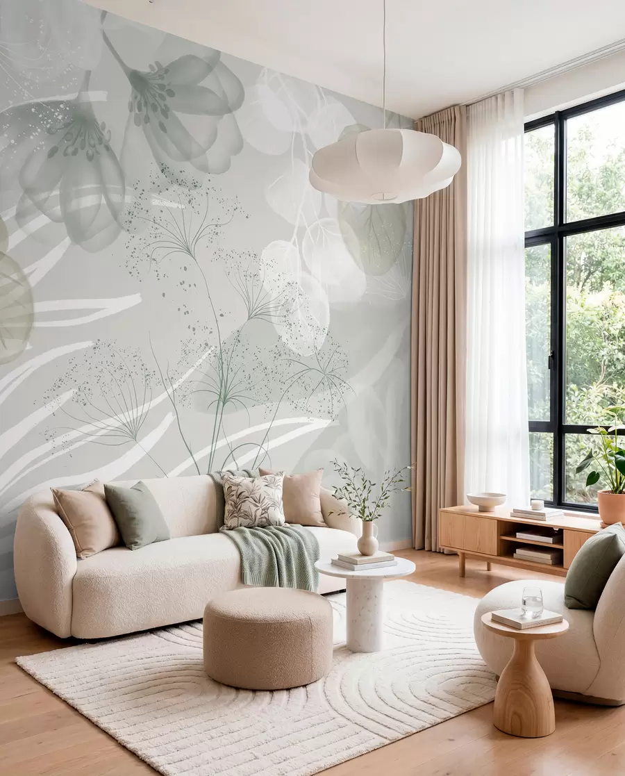 Fotobehang Florale eucaliptuselementen in groene en witte tinten met overlappende bladeren en bloemblaadjes in een minimalistische stijl w08599v1