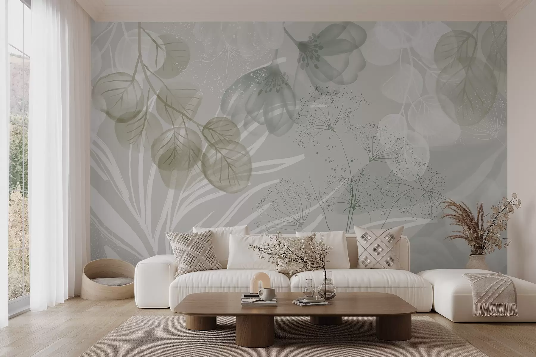 Papier peint photo Éléments floraux d'eucaliptus dans les tons de vert et de blanc avec des feuilles et des pétales qui se chevauchent dans un style minimaliste w08599v1