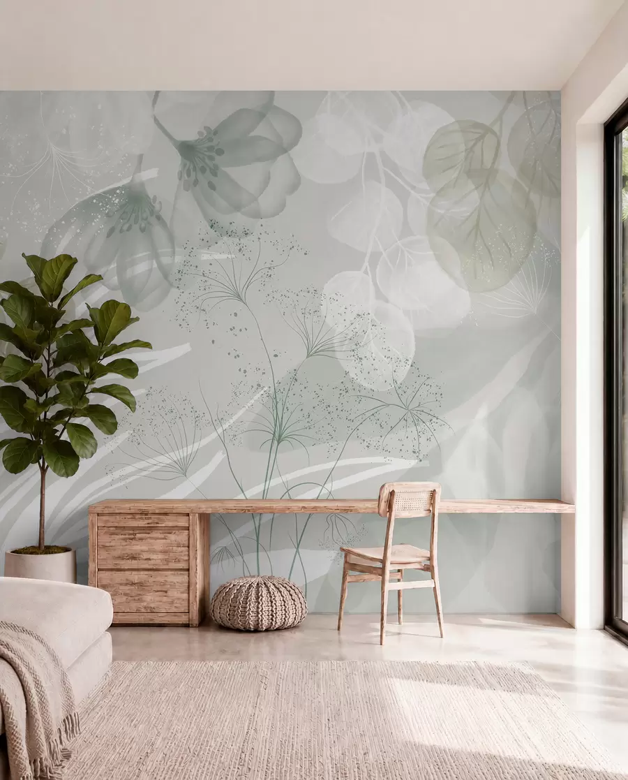 Fotobehang Florale eucaliptuselementen in groene en witte tinten met overlappende bladeren en bloemblaadjes in een minimalistische stijl w08599v1