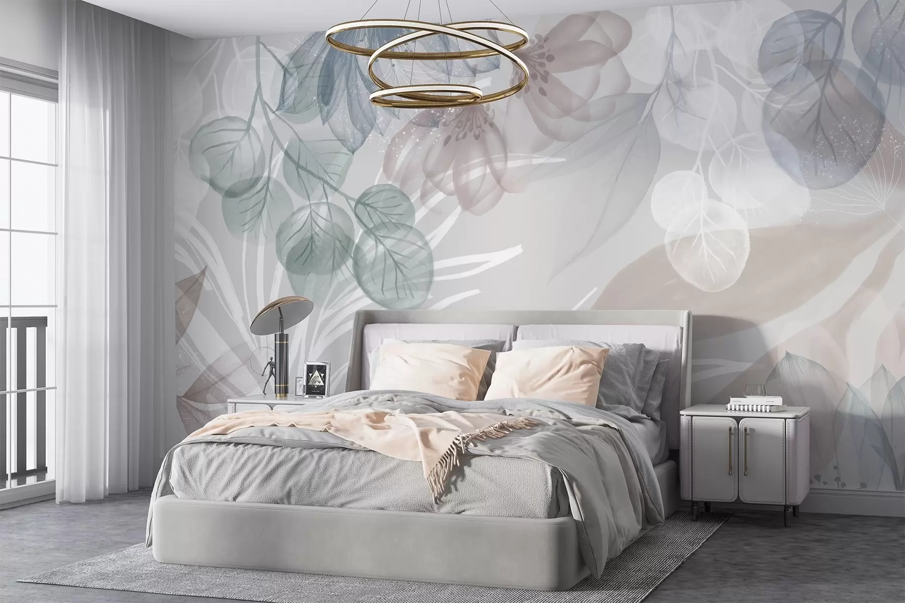Fotobehang Pastelkleurige bloemenprint met transparante grote abstracte bloemen en bladeren in grijstinten, roze en groen w08600
