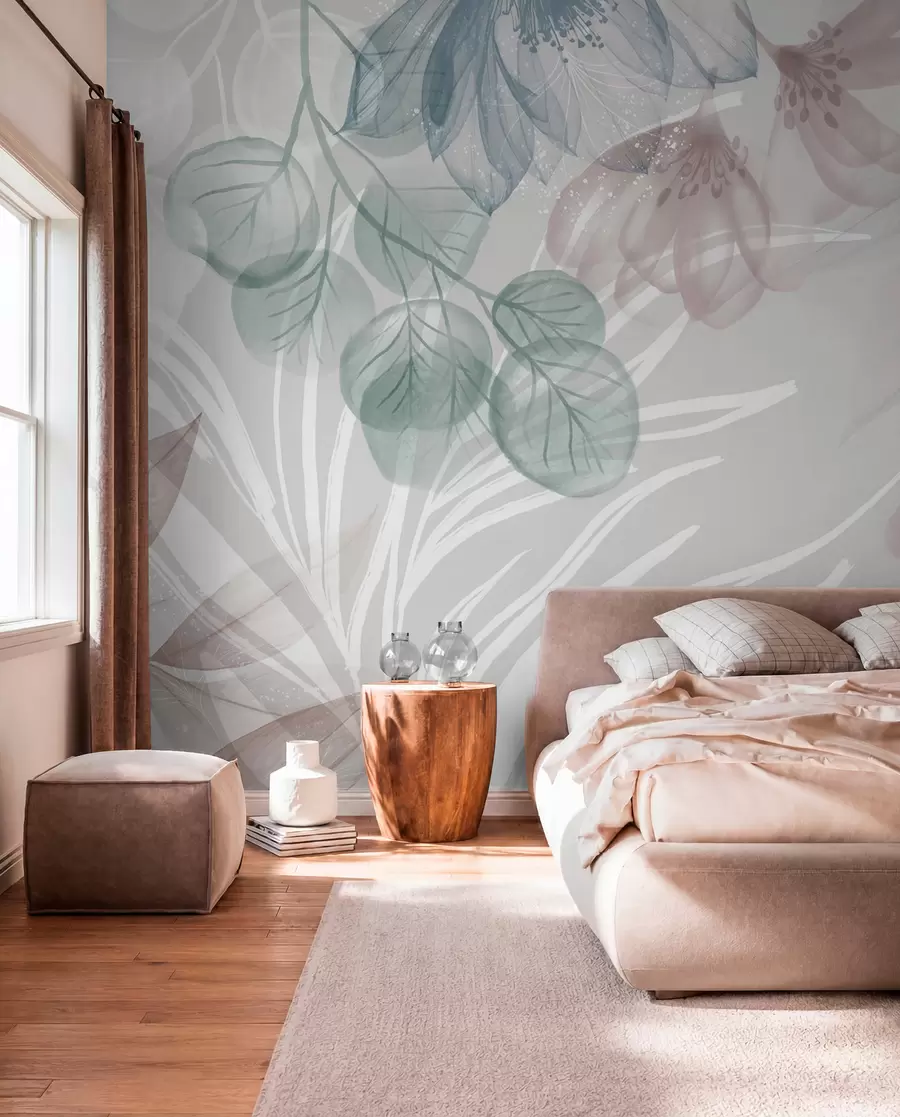 Papier peint photo Imprimé floral de couleur pastel avec de grandes fleurs abstraites transparentes et des feuilles dans les tons gris, rose et vert w08600