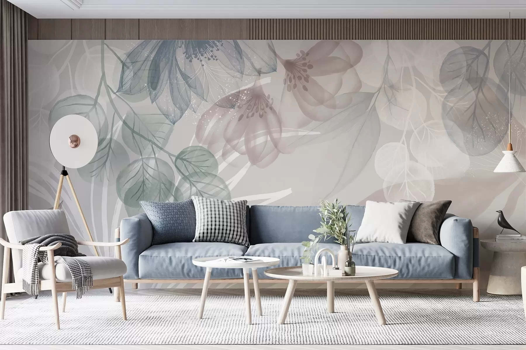 Fotobehang Pastelkleurige bloemenprint met transparante grote abstracte bloemen en bladeren in grijstinten, roze en groen w08600