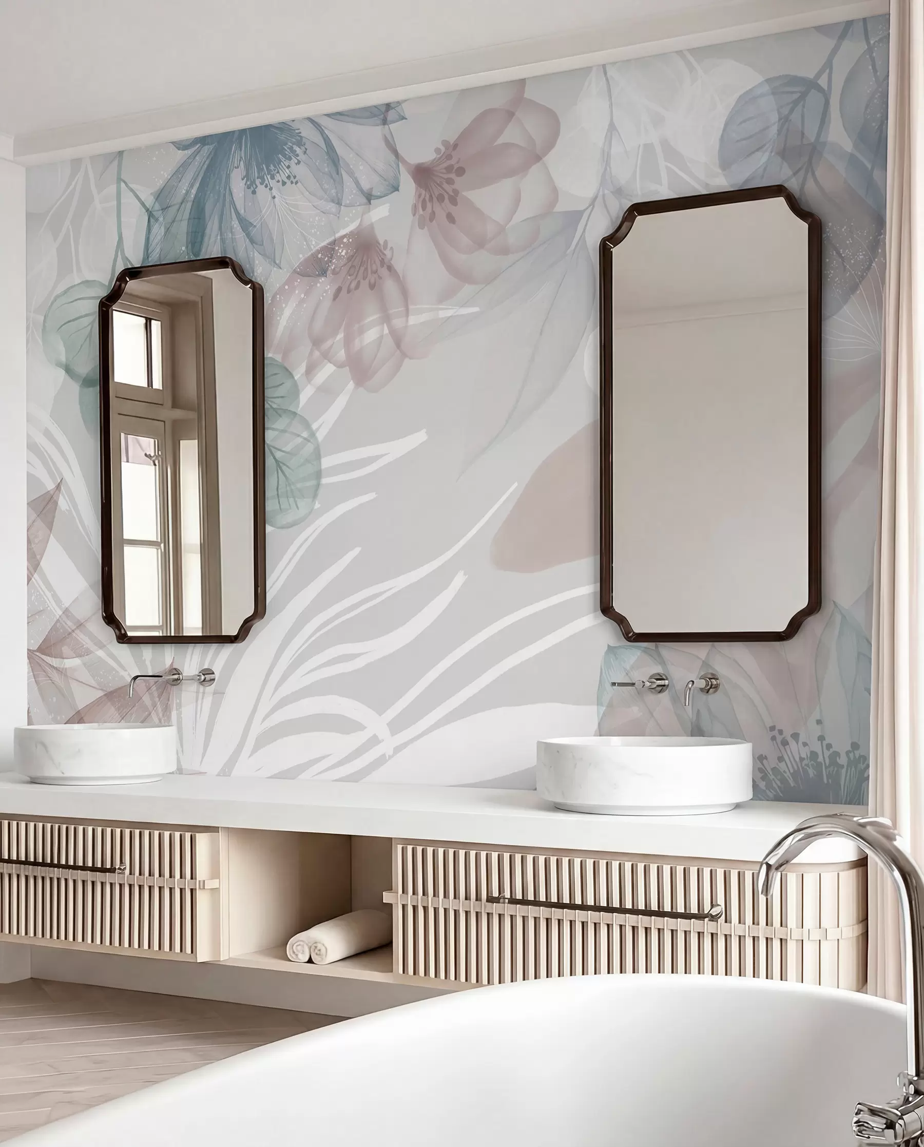Fotobehang Pastelkleurige bloemenprint met transparante grote abstracte bloemen en bladeren in grijstinten, roze en groen w08600