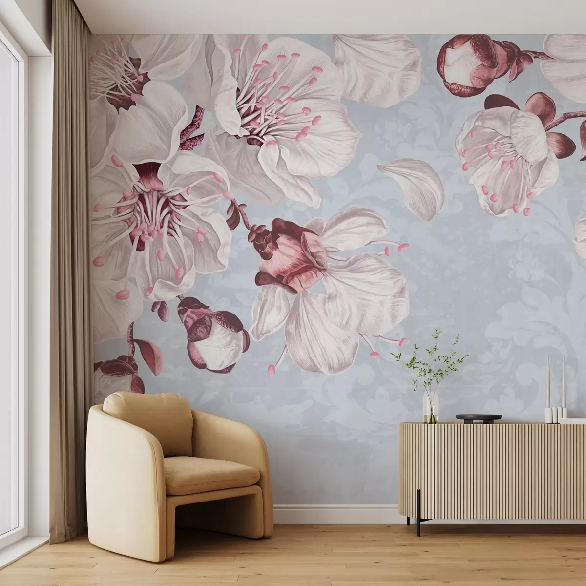 Fotobehang Een bloemenprint met grote roze en witte kersenbloeiende bloemen tegen een lichtblauwe textuurachtergrond w08601