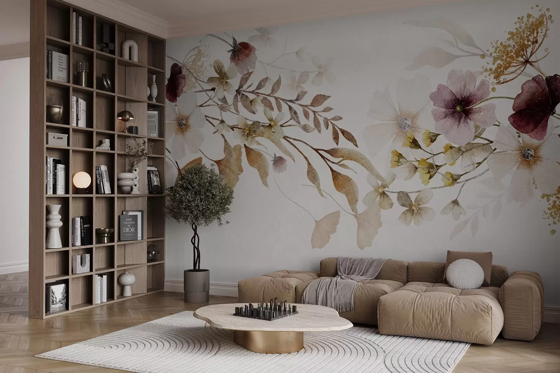 Fotobehang Bloemstuk met zachte, gedempte kleuren met beige en witte bloemen en bladeren tegen een lichte achtergrond w08603