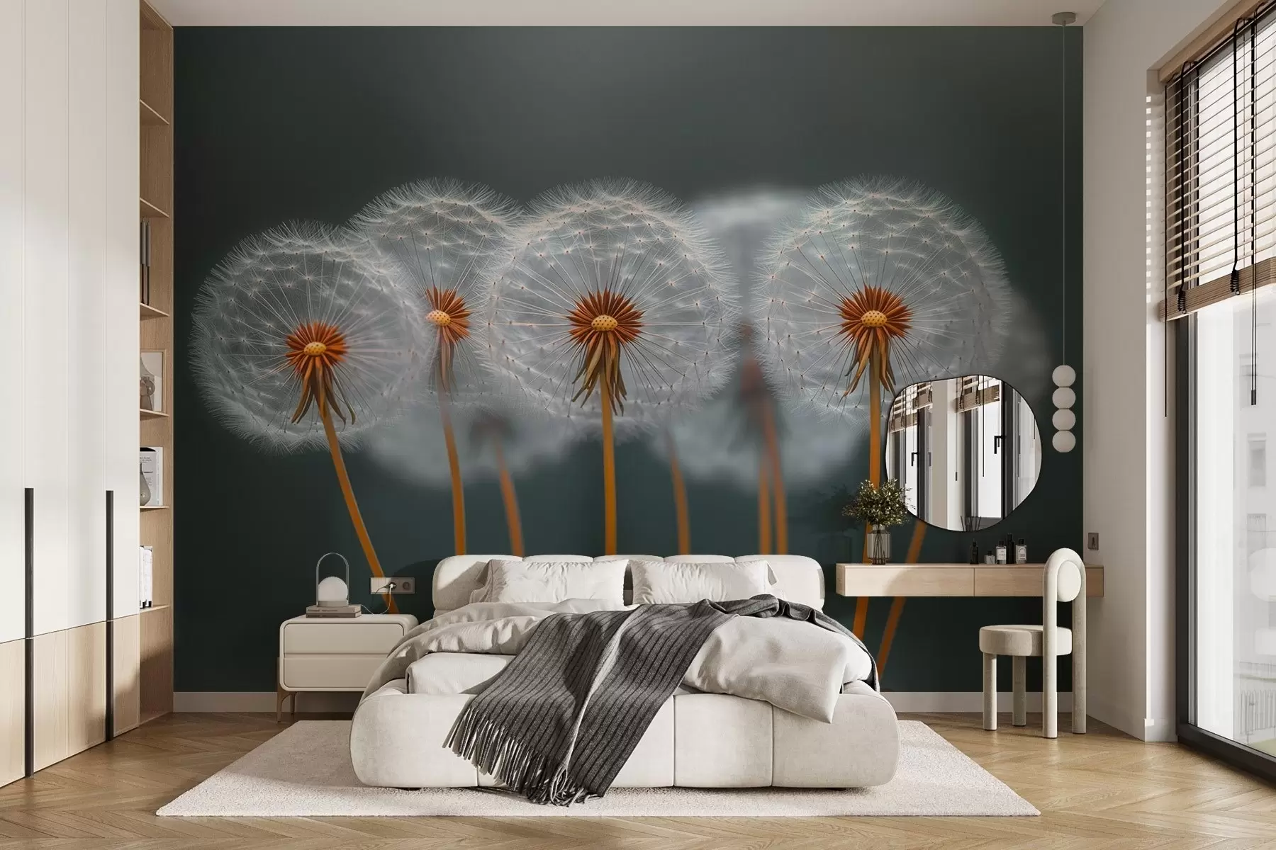 Fotobehang Luchtige paardenbloemen tegen een donkere natuurlijke achtergrond w08498