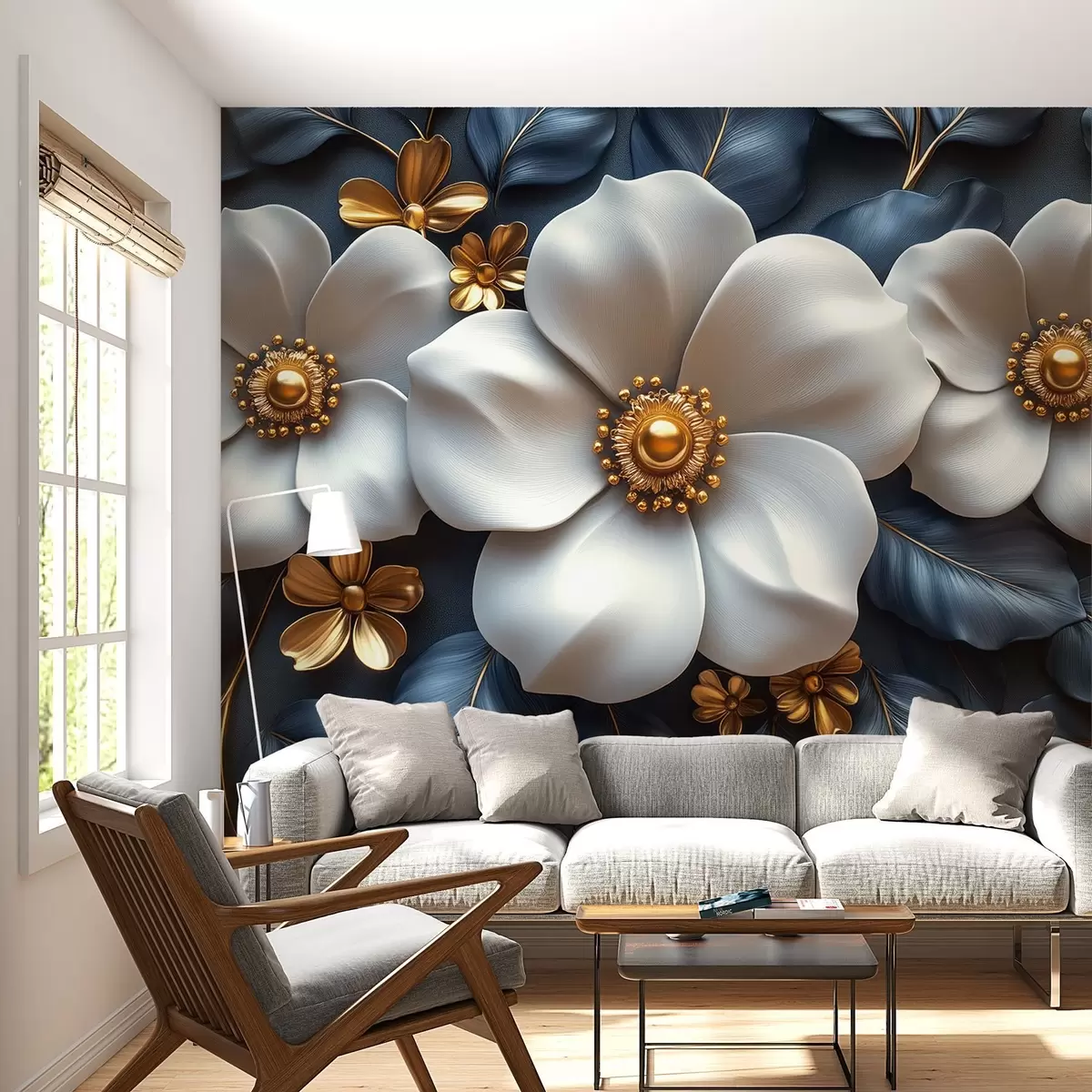 Fotobehang Grote witte bloemen op een elegante blauwe achtergrond met bladeren w08559