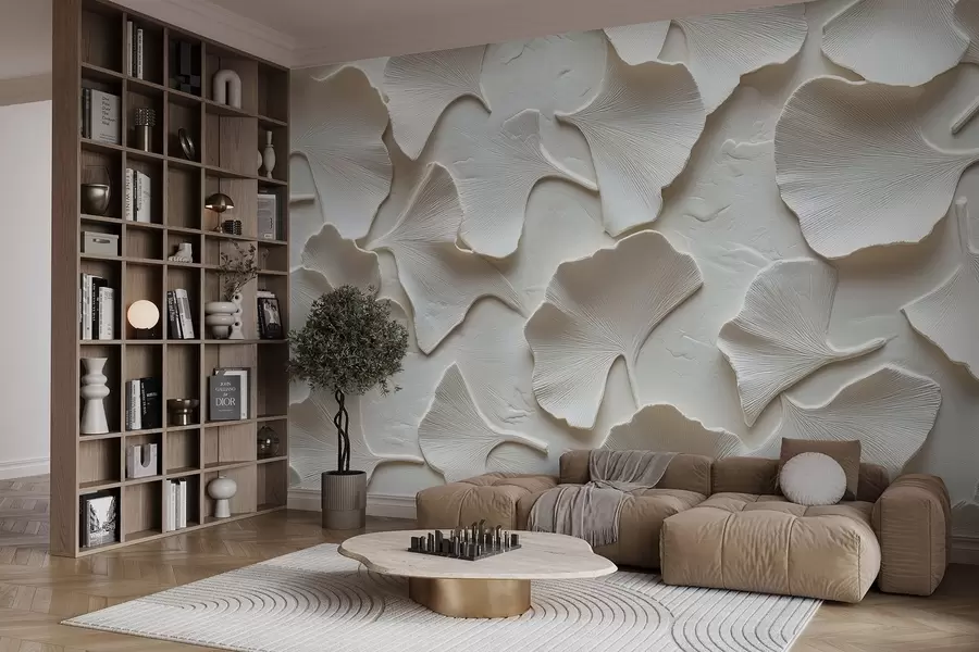 Fotobehang Stucco met delicaat reliëf van ginkgobladeren op een witte achtergrond w08560v1