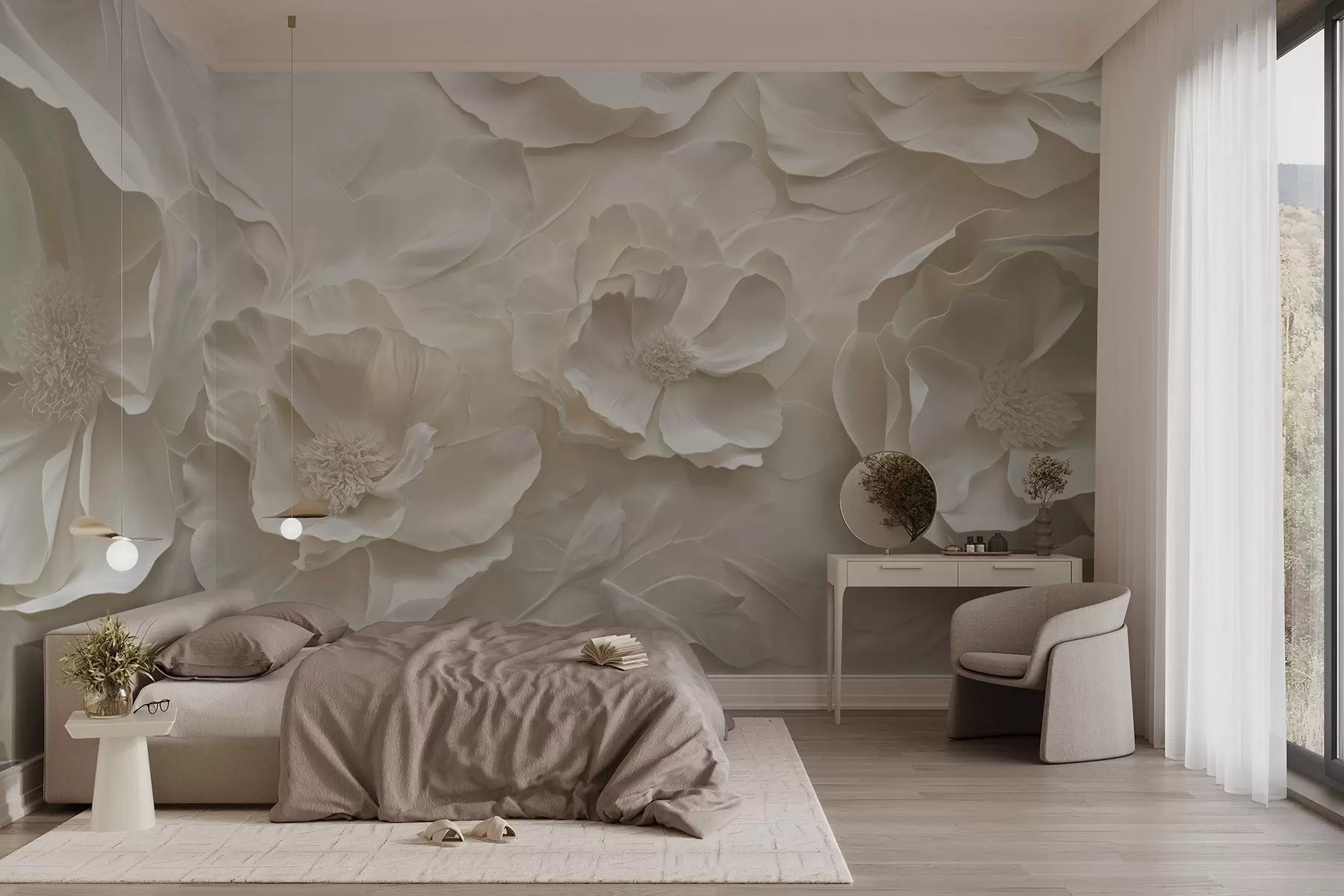 Fotobehang Luchtige bloemen in warme tinten tegen een achtergrond van bladstreken w08562