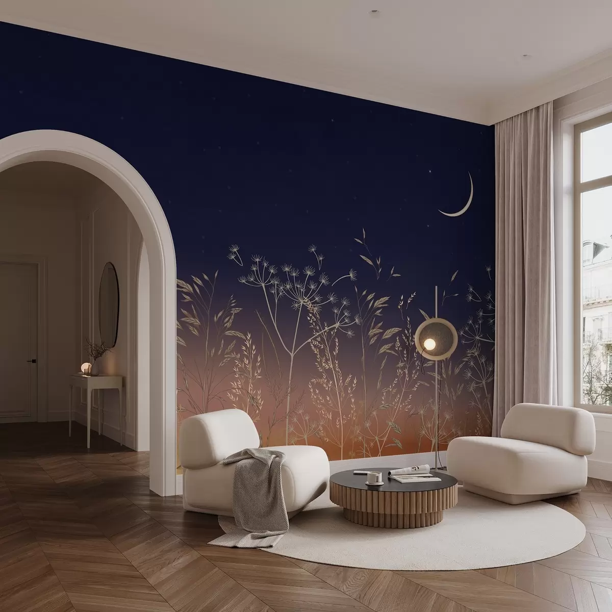 Papier peint photo Pissenlits et fleurs sauvages sur fond de coucher de soleil avec ciel bleu et lune w08567