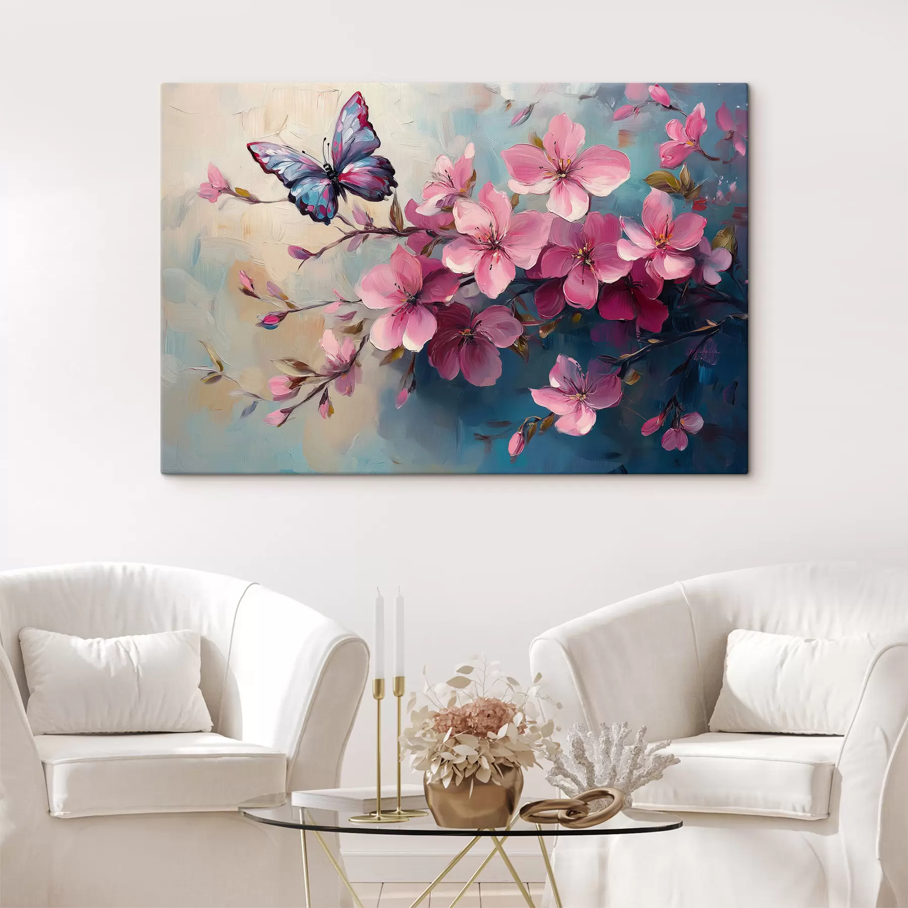 Fotobehang Roze bloemen en vlinder s42320