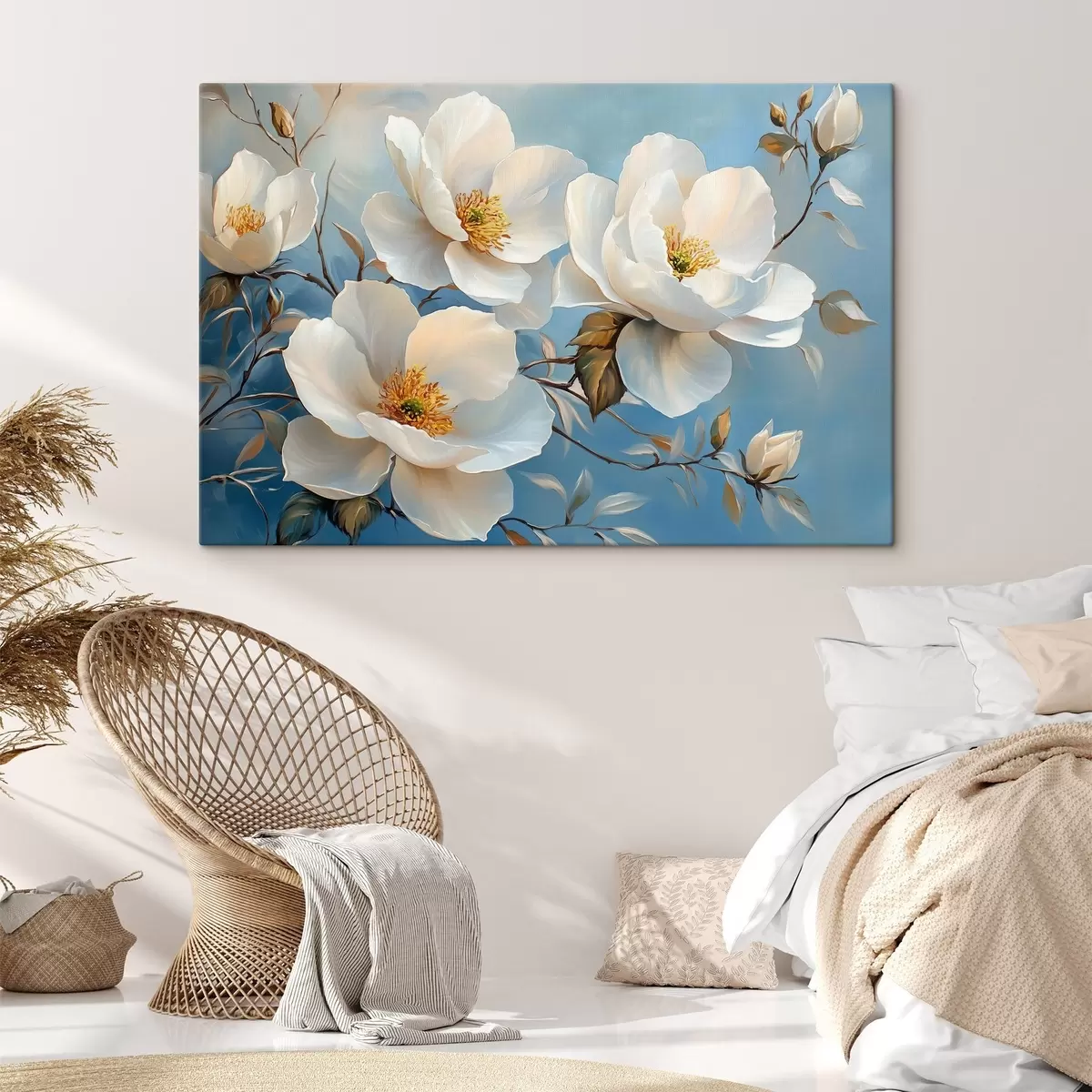  Peintures Grandes fleurs blanches sur fond bleu s42321